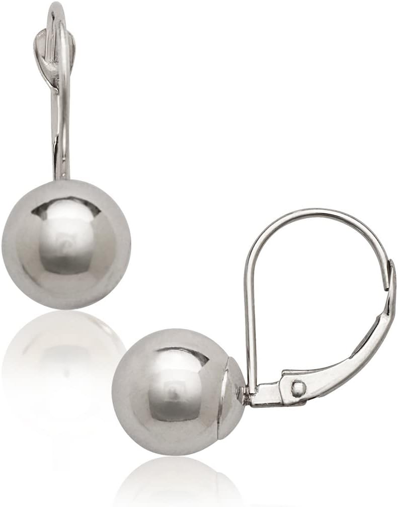 Jewelryweb - Real 14k White Gold Fixed Polished Ball Lever Back Earrings - 4mm, 5mm, 6mm, 7mm, 8mm, 9mm, 10mm - Gold Dangle Earrings for Women- Hypoallergenic