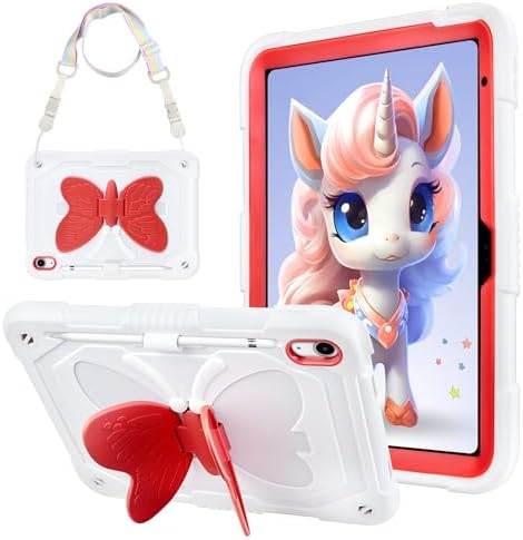 WESADN for iPad A16 Case 11 Generation 11inch 2025 for iPad 10th Generation Case 10.9 inch with Kickstand Butterfly Wings Lanyard Carrying Strap Rugged Cases Pencil Holder Girls Kids Cover, White Red
