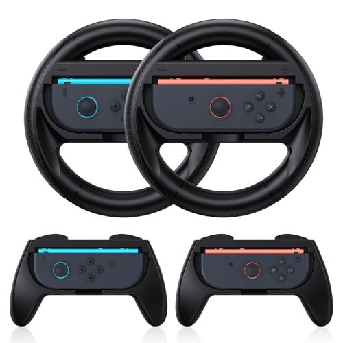 Dolodomy Joy Con Grip (2 Pack) and Joy Con Steering Wheel (2 Pack) for Nintendo Switch 2, Family Sports Party Pack Accessories Compatible with Nintendo Switch 2, Black