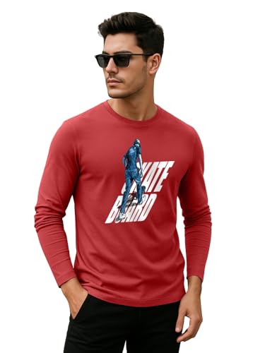 Image of Veirdo Pure Cotton Round Neck Regular Fit Graphic Printed Full Sleeve T-Shirt for Men (Colors- Red, Navy, Black, Swanwhite & White) Sizes: S to 2XL