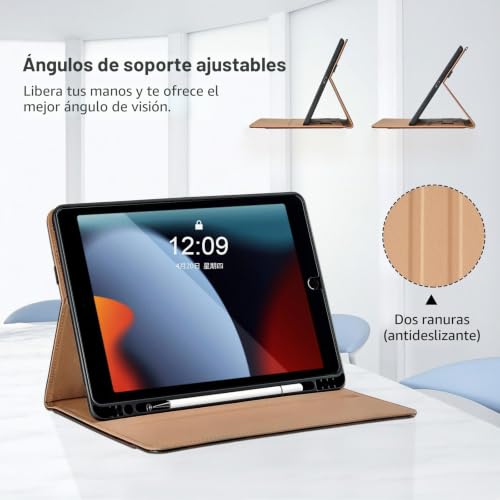 Funda para iPad 10.2 evita caídas del Apple Pencil con soporte de cuero ajustable negro 3