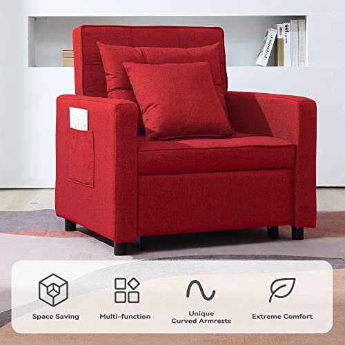 Bigsyy 3-In-1 Chair Bed, Folding Sofa Bed With Adjustable Backrest, Pull Out Sleeper Chair Bed, Multi-Functional Single Armchair,Modern Linen Fabric Chair Bed (Linen Red) #TOP6