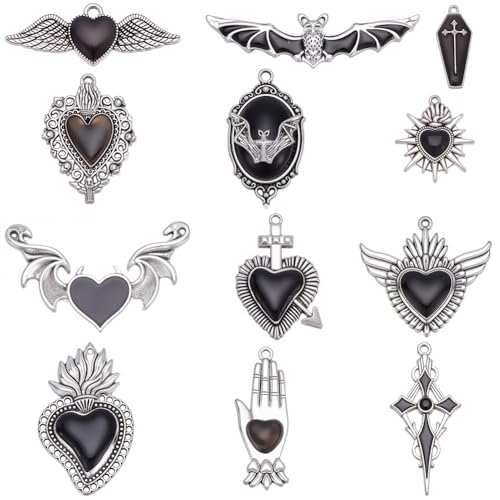 SUNNYCLUE 1 Box 12Pcs Gothic Heart Charm Black Love Charms Bulk Alloy Enamel Antique Silver Sacred Heart Halloween Cross Bat Horror Wing Pendants for Jewelry Making Earrings Necklace Bracelet Crafts