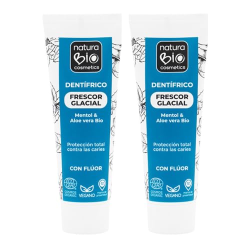 NaturaBIO Cosmetics - PACK PROMO 2 Pastas de Dientes Vegana y Natural Frescor Glacial Con Flúor y Menta Bio, 75 ml