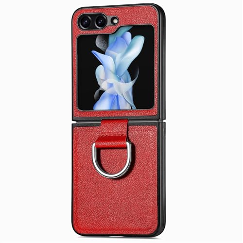 ENTRYX Case for Samsung Galaxy Z Flip 6, Slim Lightweight Leather Cover with Finger Ring Wireless Charging Phone Case Anti-Fall(Red)