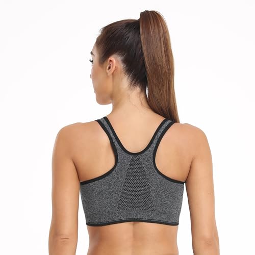 Women's Zip Front Sports Bra - Wireless, Padded, Post-Surgery, Racerback, Workout & Yoga Bra Top 2 Pack