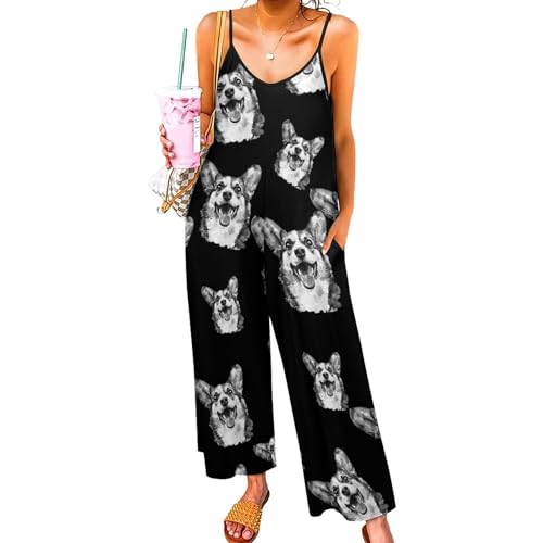 Image of Watercolor Corgi Dog Black And White Loose Jumpsuits for Women One Piece Long Sleeve V-neck Long Pant Rompers with Pockets M