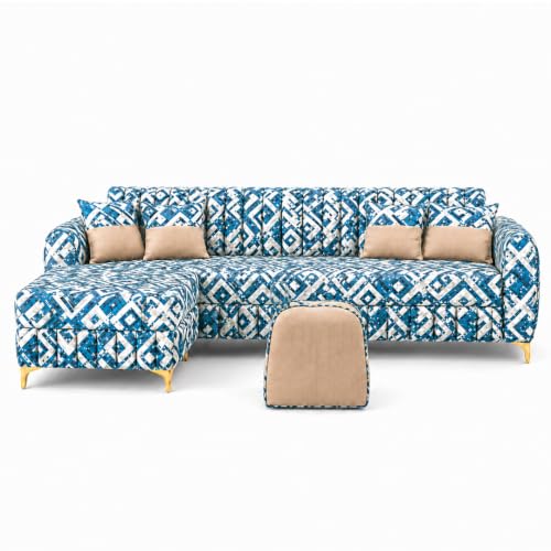 Image of CASASTYLE Signature Velour 4-Seater L-Shape Sofa Set with Movable Ottoman & Suri Pouf | Flexible LHS /RHS Layout | Tapestry Fabric | 40D Foam + Zigzag Spring | 3-Yr Warranty (Lagoon Mosaic Blue)