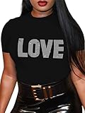 Love Print Rhinestone Sequined Splicing Short Sleeve T-Shirt for Women Clubwear Melanin Black Girl Party Tops Black l