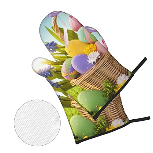Easter Eggs Printed Oven Mitts And Pot Holders Set Of 4 Heat Resistant Non-Slip Waterproof Oven Gloves For Grilling Bbq Cooking Baking Kitchen Microwave Pizza #TOP2