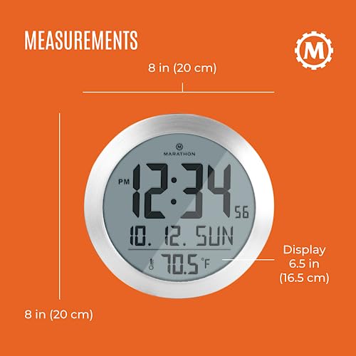 Marathon 8-Inch Round Digital Wall Clock, Stainless Steel - Large, Easy-To-Read Display - Am/Pm Or 24-Hour Time, Eight Time Zones, Indoor Temperature, Date #TOP4