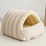 Panmall Cozy Cat Cave Bed, Enclosed Winter Cat House with Removable & Machine Washable Cover, Upgraded Warm Plush Cushion for Indoor Cats & Small Dogs (Beige)