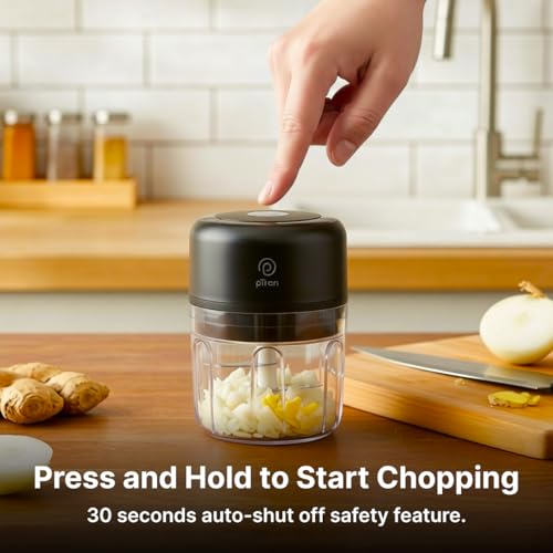 Image of pTron EaseMate Chopper S1, Rechargeable Mini Electric Chopper, Food Grade Bowl, 3 Stainless Steel Blades, One-press Operation, for Mincing Garlic,Ginger,Onion,Vegetable, 250ml, Type C Charging (Black)