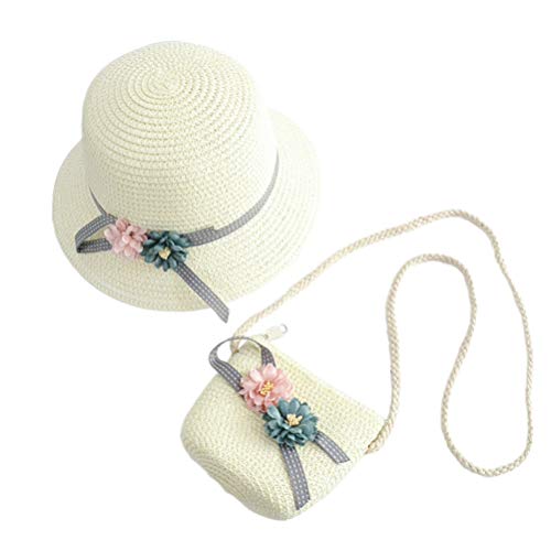 NUOBESTY Chapéu de palha e bolsa para meninas, chapéu de palha de flores, chapéu de praia, chapéu de
