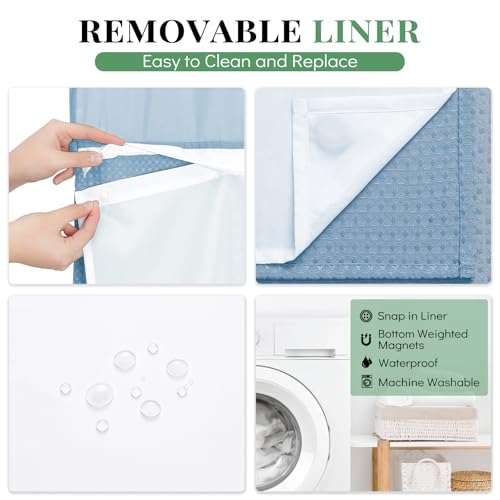 Dynamene Extra Long Shower Curtain, 84 Inch Long Waffle Fabric Shower Curtain for Bathroom, Tall Waterproof Cloth Shower Curtain Set with Hook, Snap in Liner, Mesh Top Window, Moonlight Blue, 72x84 by Dynamene - Used condition - Image 3