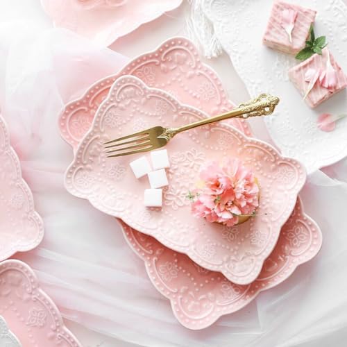 YBK Tech Elegant Rectangle Embossed Lace Plate Bone China Dessert Plate Ceramic Plate for Breakfast Afternoon Tea (Pink, 10-inch) - Image 3
