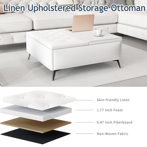 MATONELL 35 inch Wide Square Storage Benches Coffee Table with Lift Top Oversized Storage Ottoman in Upholstered for Living Room