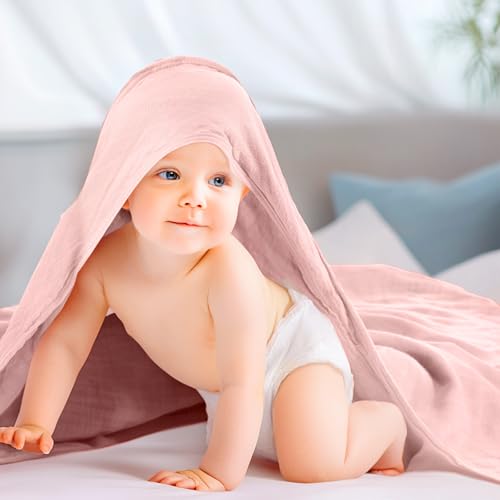 Image of Preboun 6 Pcs Muslin Hooded Baby Towels and Washcloths 32 inchx 32 inch Cotton Newborn Bath Towel Anti-Shrink Infant Baby Blankets with Hood 12 inchx 12 inch Washcloths for Girl Boy Toddler(Pink,Dark Pink)