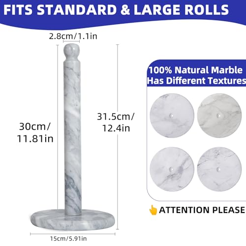 Natural Marble Paper Towel Holder for Kitchen Countertop - 2.6 lbs (1.2kg) Heavy Duty Weighted Base for One-Handed Tearing - Fits Jumbo Rolls - Elegant Modern Design with Ball Top - White & Grey by QiYueZaiYe - Used condition - Image 3