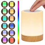 Adiwo Nachttischlampe Touch Dimmbar, LED Nachttischlampe mit Fernbedienung, Nachtlampe mit 4 Modi 13 Farben, USB Aufladbar, Timing Funktion, Holzmaserung Nachtlicht, Zylindrisch