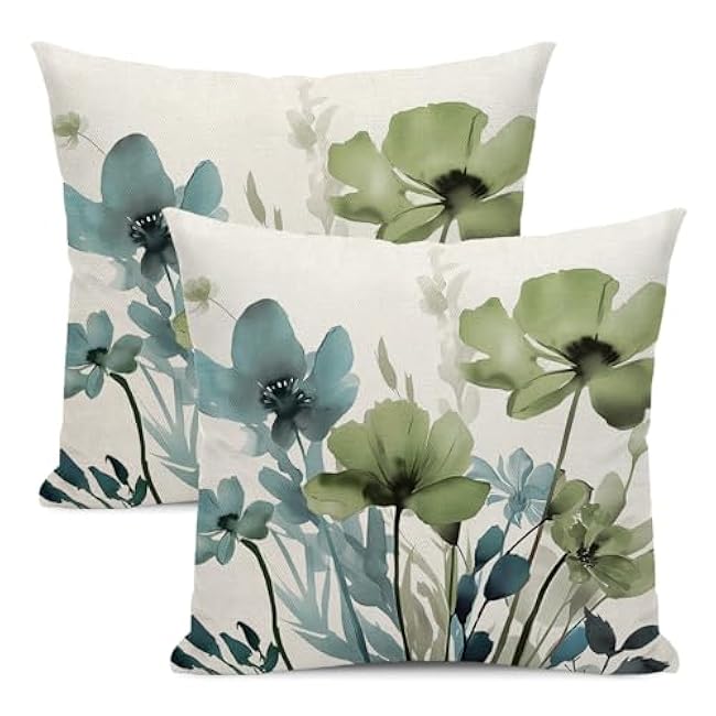 Floral Pillow Covers 16x16 Inches Set of 2 Sage Green Blue Floral Throw Pillow Covers Outdoor Rustic Spring Summer Flower Decoration Pillowcase Farmhouse Decorative Cushion Cover For Sofa Couch
