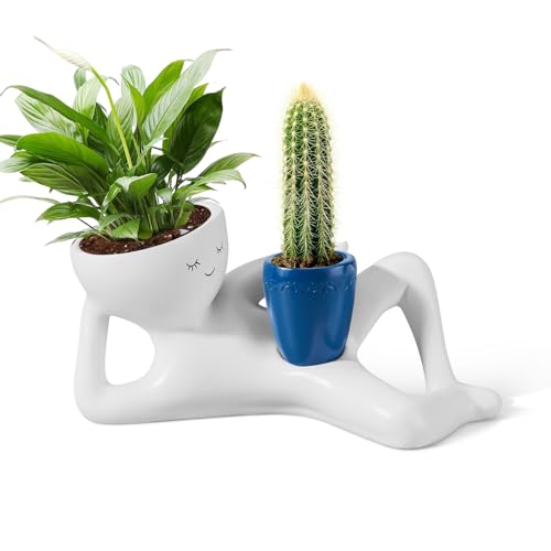 Sederikun Face Planters Head, Funny Succulent Garden Pots,Cute Planters for Indoor Plants, Double Flower Pot with Drainage for Plant Lovers Gift (Blue)