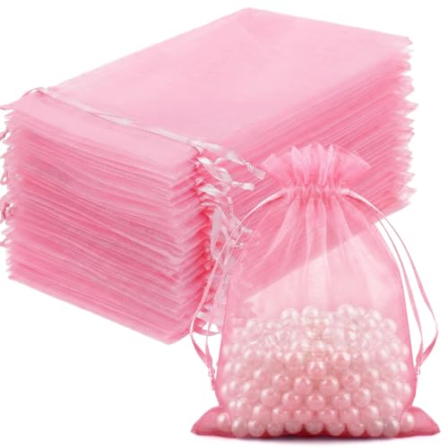 Image of FUNFERY 100PCS Pink Organza Gift Bags 4x6in,Drawstring Pouch for Jewelry
