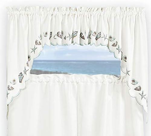 Renaissance Home Fashion Collections Etc Seashells Embroidered Swag Pair, 56" X 38", Sea Mist