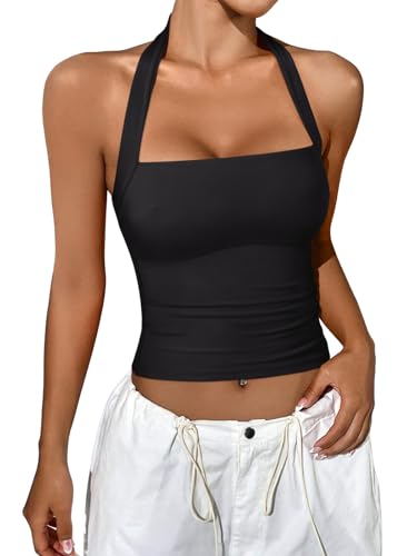 REORIA Women's Halter Going Out Tops 2025 Summer Y2K Shirts Sleeveless Sexy Crop Tank Top Y2k Outfits2