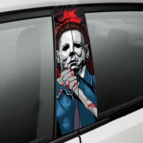 Image of Halloween Cars Body Horror Sticker, Horror Car Center Pillar Decals,Classic Movie Characters Michael Scary Child Door Window Pillar Posts Trim(Michael Killer)
