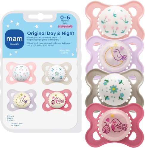 Image of MAM Original Baby Pacifiers 0-6 Months, Binky for Newborn Babies, BPA-Free Skin Soft Silicone Nipple, Glows in The Dark, Developed with Medical Experts, Made in Europe, 4 Count (Pack of 12)