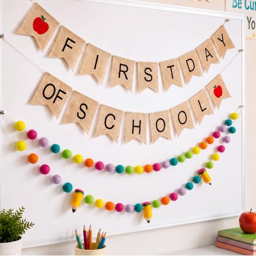 Mindsoft 4 Pcs 9.84 ft First Day of School Banners Decorations Set, Felt Pencil Ball Garland Colorful Pompom Garland Bunting Burlap Flag Banner for Classroom Back to School Backdrop(Bright)