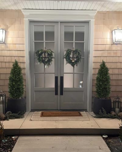 Image of Aveyas 5ft Artificial Cedar Topiary Trees for Outdoor Front Porch Door, 5 Feet Faux Potted Plants Evergreen Fake Pine Cypress Tree for Outside Home Decor (5 ft Tall) - Set of 2 Pack