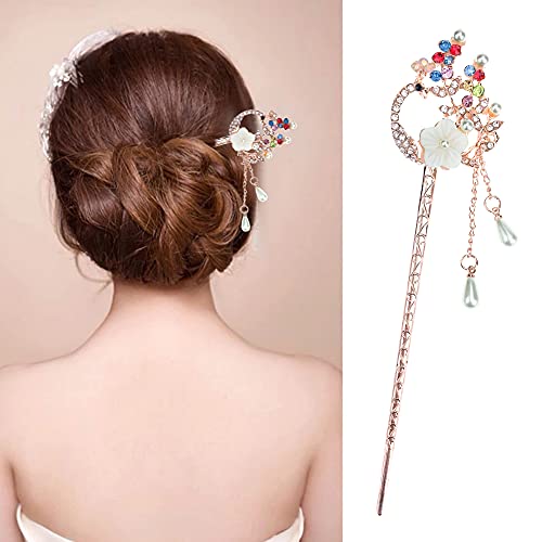 image for Kukiwhy 4 Pcs Rhinestone Pearl Flower Hair Stick Chinese Hair Chopstic