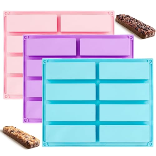 Silicone Rectangulaire,Set de 3 Moules à Barres de Céréales en Silicone, Moules Rectangulaires avec 8 Cavités pour Chocolat, Idéal pour la Fabrication de Barres de Chocolat et Céréales et cheesecake