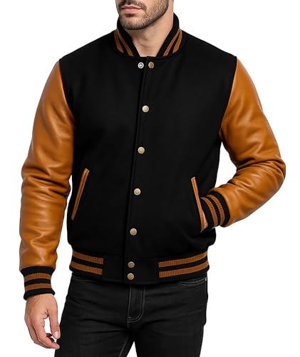 Image of Men's Varsity Jacket Faux Leather Sleeve Wool Blend Letterman Jacket - High School Baseball Bomber Jackets for Men
