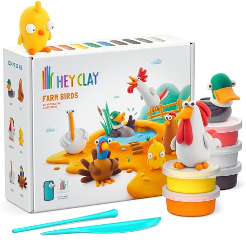 HEY CLAY Set - Colorful Modeling Air Dry Clay Kit for Kids 15 cans and Sculpting Tools with Fun Interactive Instructions App - Children 3+ (Farm Birds)