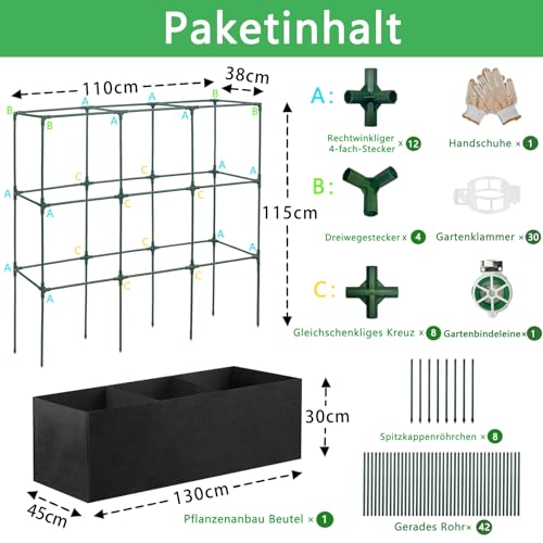 Tomaten Rankhilfe Metall Set - 115cm Hochbeet mit Rankgitter & 3 Fächer Pflanzsack für Tomaten - Verstellbare Pflanzenstütze für Gurken & Kletterpflanzen, Garten & Balkon