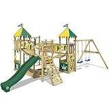WICKEY Spielturm Ritterburg Smart Queen mit Schaukel, grün-gelber Plane & grüner Rutsche, Outdoor Kinder Kletterturm mit Sandkasten, Leiter & Spiel-Zubehör für den Garten