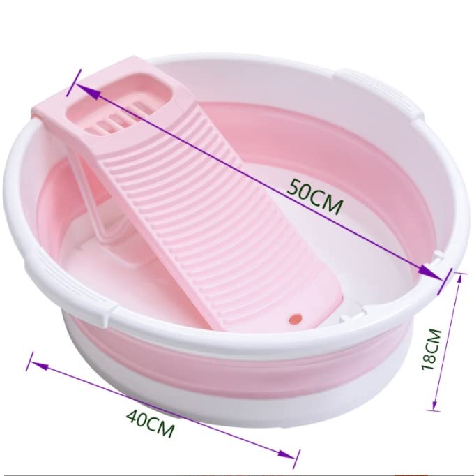 GRTG Lavabo plegable + tabla de lavandería, redondo, adecuado para lavar la ropa con la mano (color: rosa, tamaño: 1 unidades)