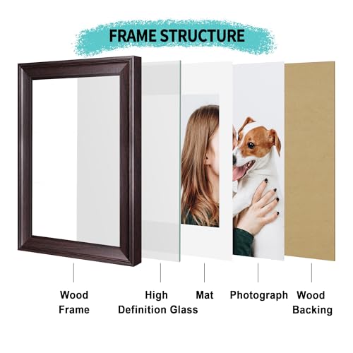 Image of iRahmen 8x12 Vintage Picture Frame with Mat 6x8 - High Definition Real Glass Wooden Photo Frames for Tabletop Display and Wall Mounting (Dark Brown, Set of 4)