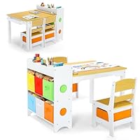 Kinder King Kids Art Table & Chair Set, Wood Toddler Activity Table for Kids Drawing, Reading, Studying, Crafting, Playing, 8 Removable Bins, Paper Roll for Playroom, Nursery, Natural