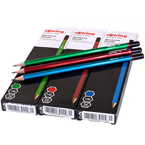 Rotring 36 piezas Woodcase HB lápiz para escribir, dibujar y bosquejar, incluye barril rojo, verde y azul - (paquete de 3)