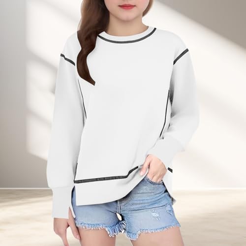 Girls Kids Long Sleeve Pullover Sweatshirts Exposed Seams Raglan Crewneck Shirts Solid Casual Fall Tops For 6-15 Years2
