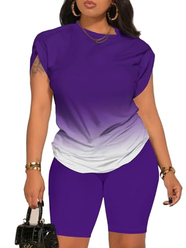 Women's Plus Size 2 Piece Outfits Sweatsuits Sets Summer Short Sleeve Tunic Tops Biker Shorts Tracksuit Sets