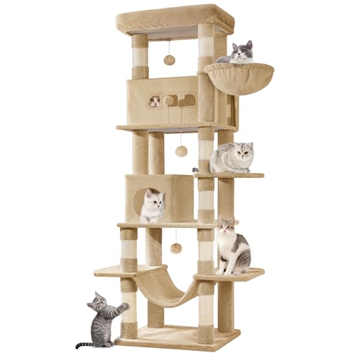 Hzuaneri 210 cm Grand Arbre à Chat, Tour à Chat pour Chats d'intérieur, avec Grand Perchoir, Tapis Lavable, 2 Niches Chats, 8 Griffoirs, Hamac, Pompons,...