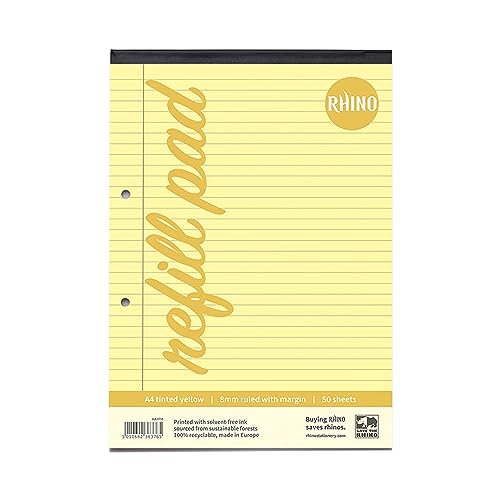 RHINO A4 Refill Pad, Writing Pad, 100 Page / 8mm Lined with Margin, 1 Pack, Yellow Lined Writing Paper for Dyslexia & SEN, Office & School Stationery Supplies