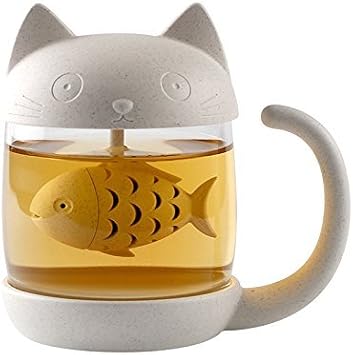 10 oz Cute Cat Glass Cup Tea Mug With Fish Tea Infuser Strainer Filter
