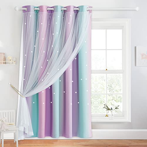 NICETOWN Girls Curtains 84 inches Long for Bedroom, Kids Star Cutout Rainbow Curtains Room Darkening Ombre Stripe Curtains for Baby Nursery/Sliding Glass Door, 1 PC, Blue & Purple & Pink, 70" W