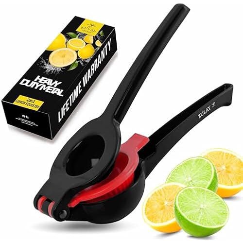 Zulay Kitchen Metal 2-in-1 Lemon Squeezer - Sturdy Max Extraction Hand Juicer Lemon Squeezer Gets Every Last Drop - Easy to Clean Manual Citrus Juicer - Easy-Use Lemon Juicer Squeezer - Black/Red